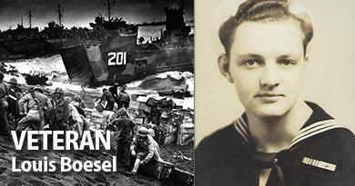 A period of Veteran Louis Boesel and an image of the invasion of Iwo Juma