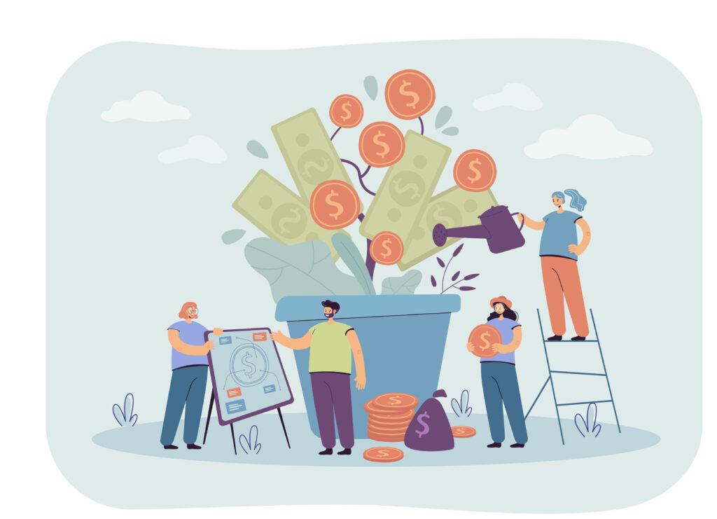 An illustration of people watering a grant tree.