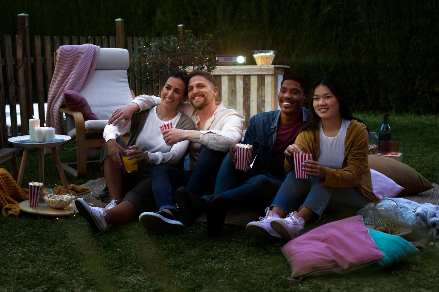 friends enjoy an outdoor movie